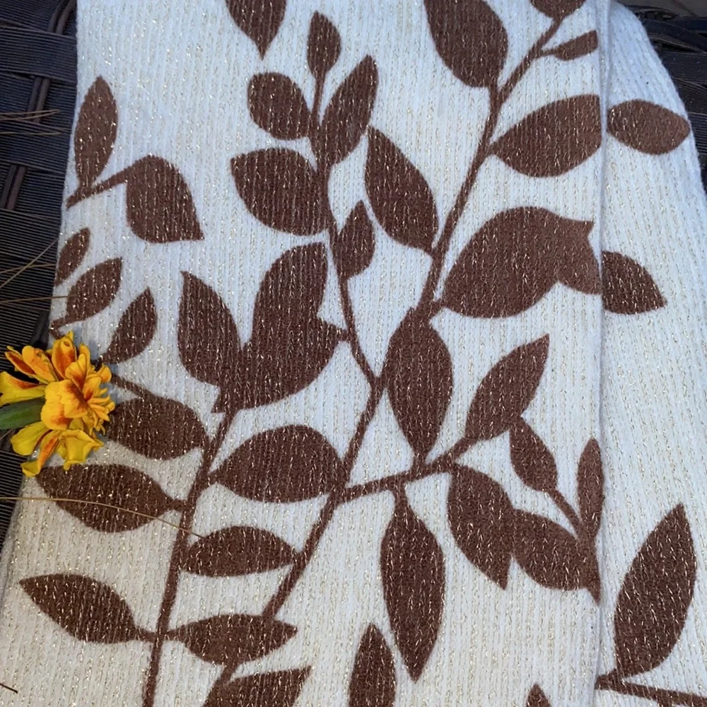 Cejon Gold Shimmer Scarf with Brown Fall Leaves on a White background Size OS